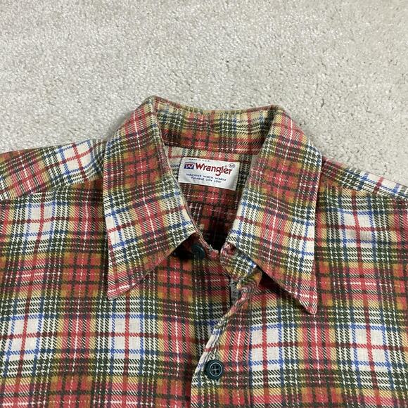 VTG Wrangler Shirt Mens M Plaid Flannel Button Down Made USA 70s Western Cowboy - Picture 3 of 7